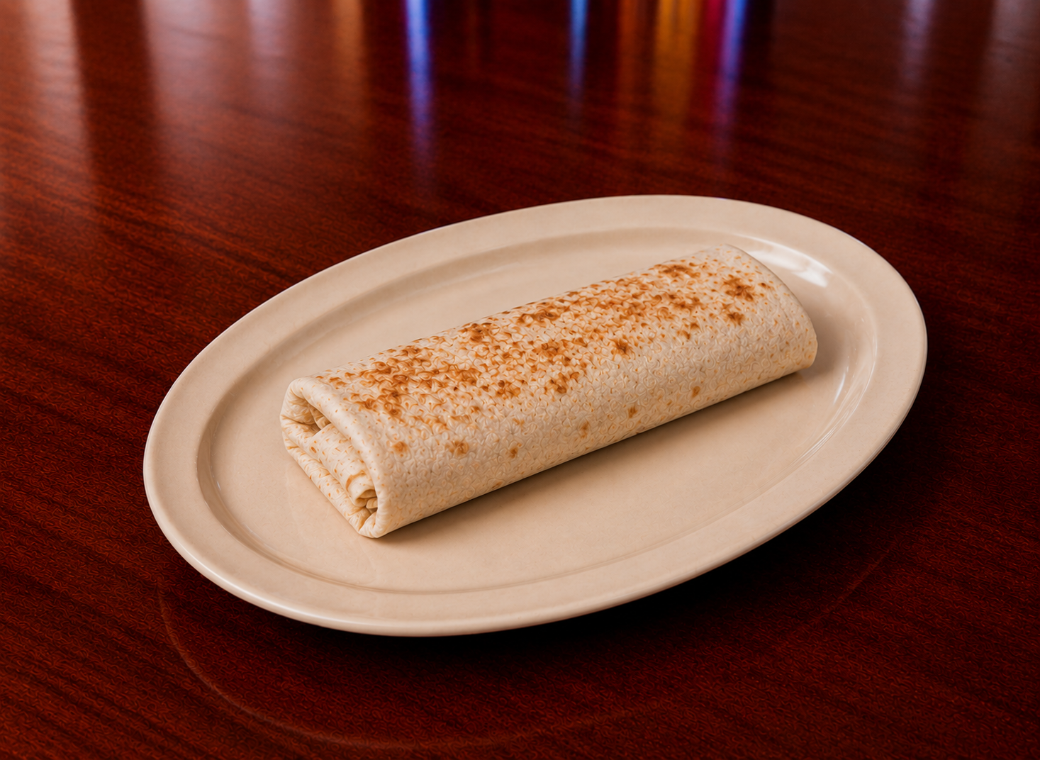 Warm flour burrito on an oval plate