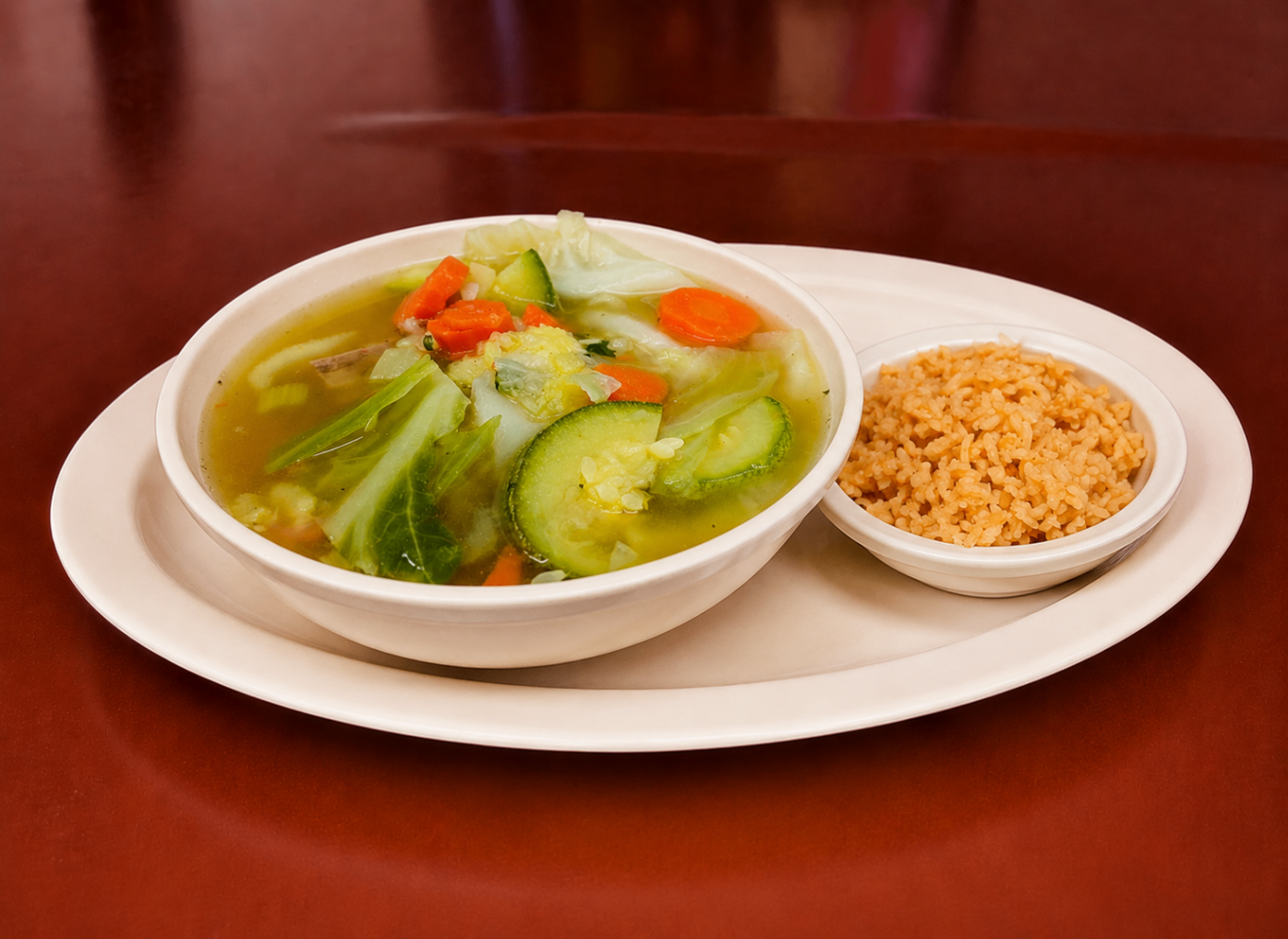 Bowl of caldo de rez with vegetables and rice