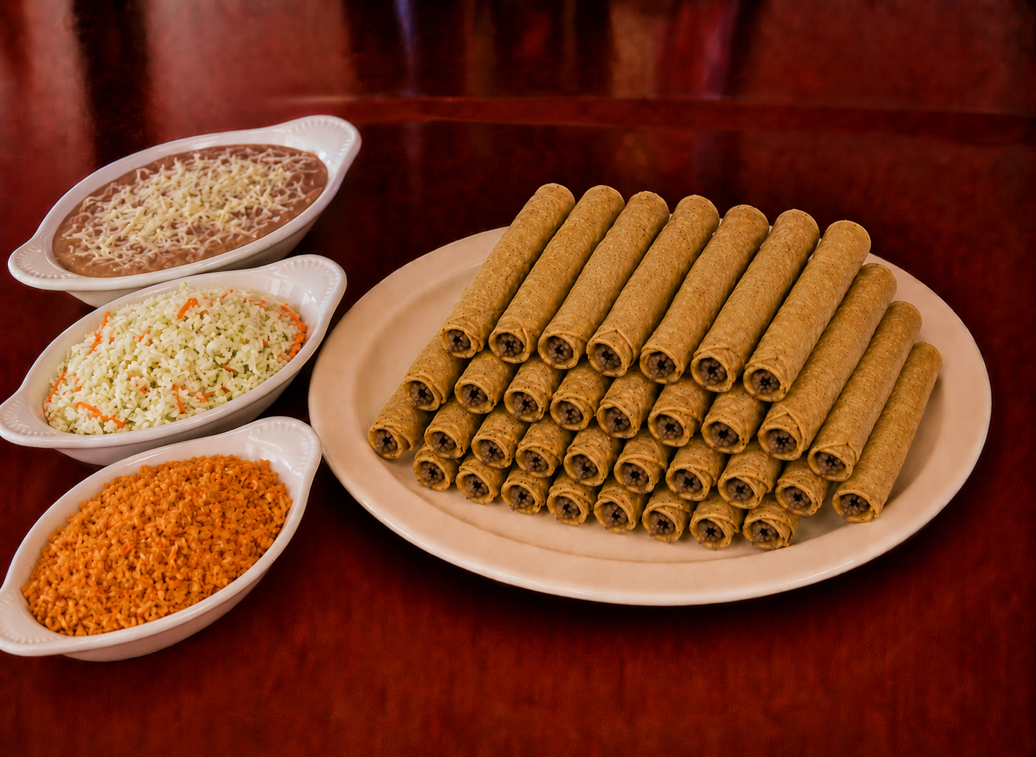 45 hand-rolled flautas with rice