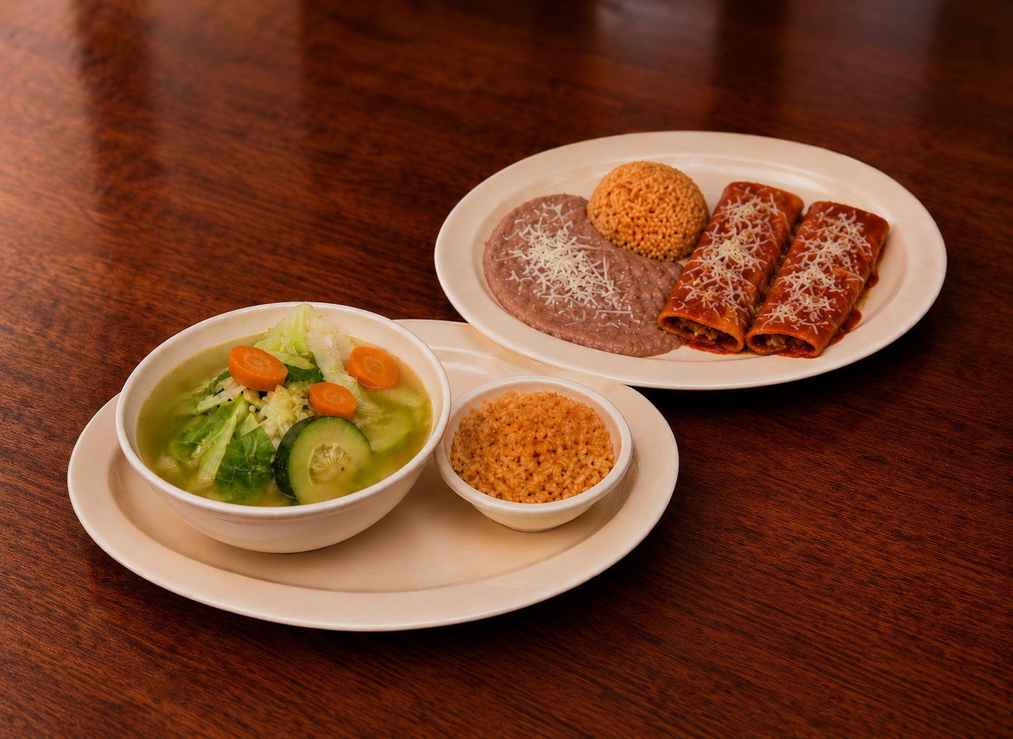 Comida corrida with caldo de rez, rice, beans and two enchiladas
