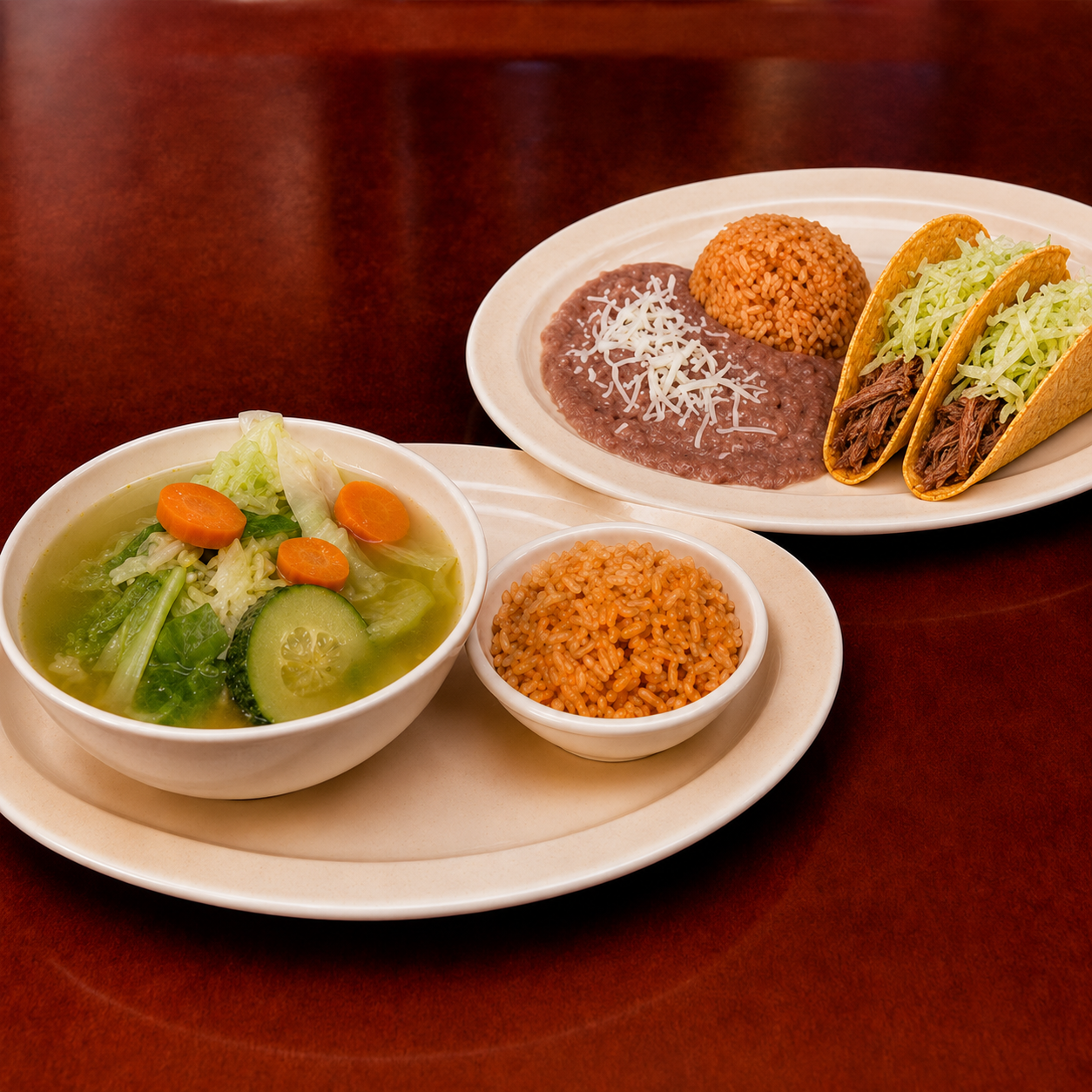 Comida corrida with caldo de rez, rice, beans and two tacos