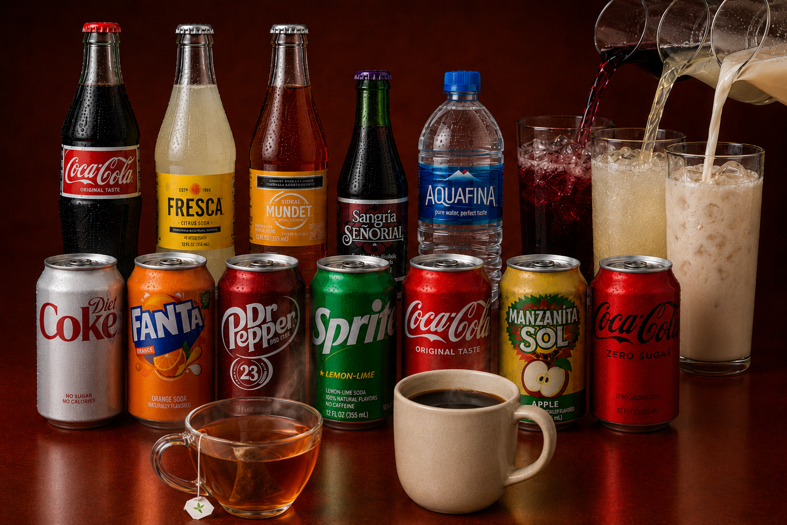 Selection of Mexican sodas, aguas frescas, coffee and tea