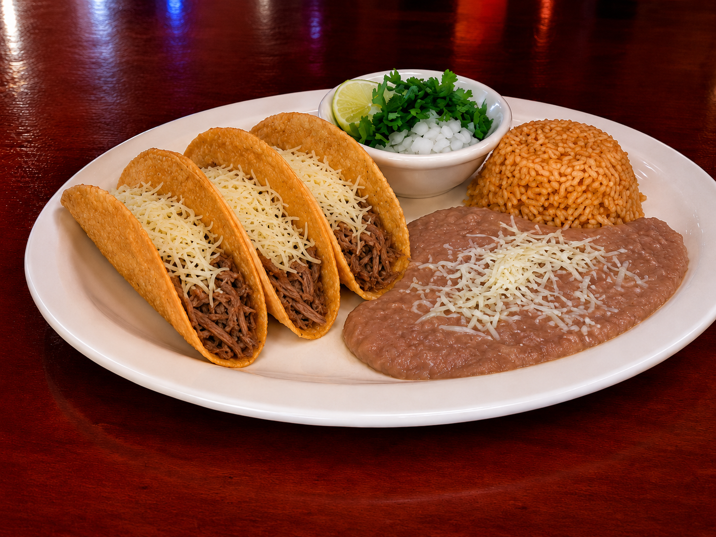 Tacos dorados de deshebrada plate with rice and refried beans