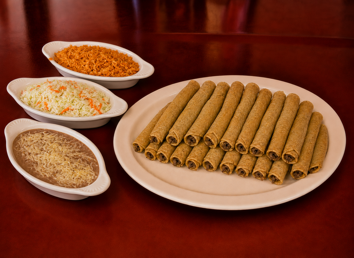 25 hand-rolled flautas with rice
