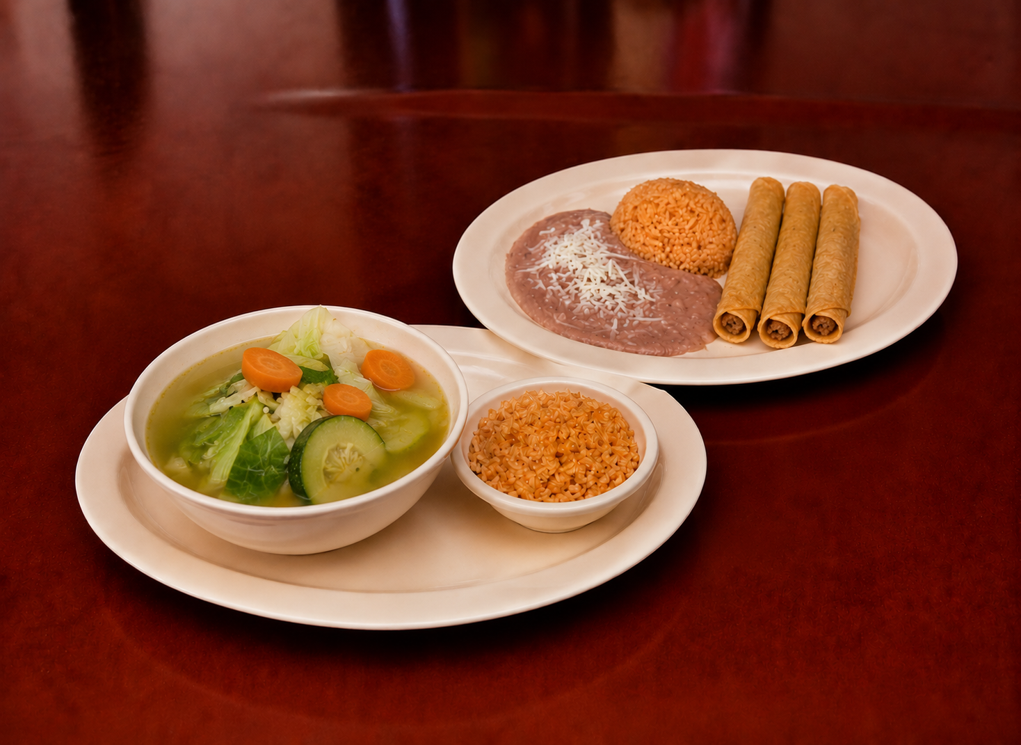 Comida corrida with caldo de rez, rice, beans and three flautas
