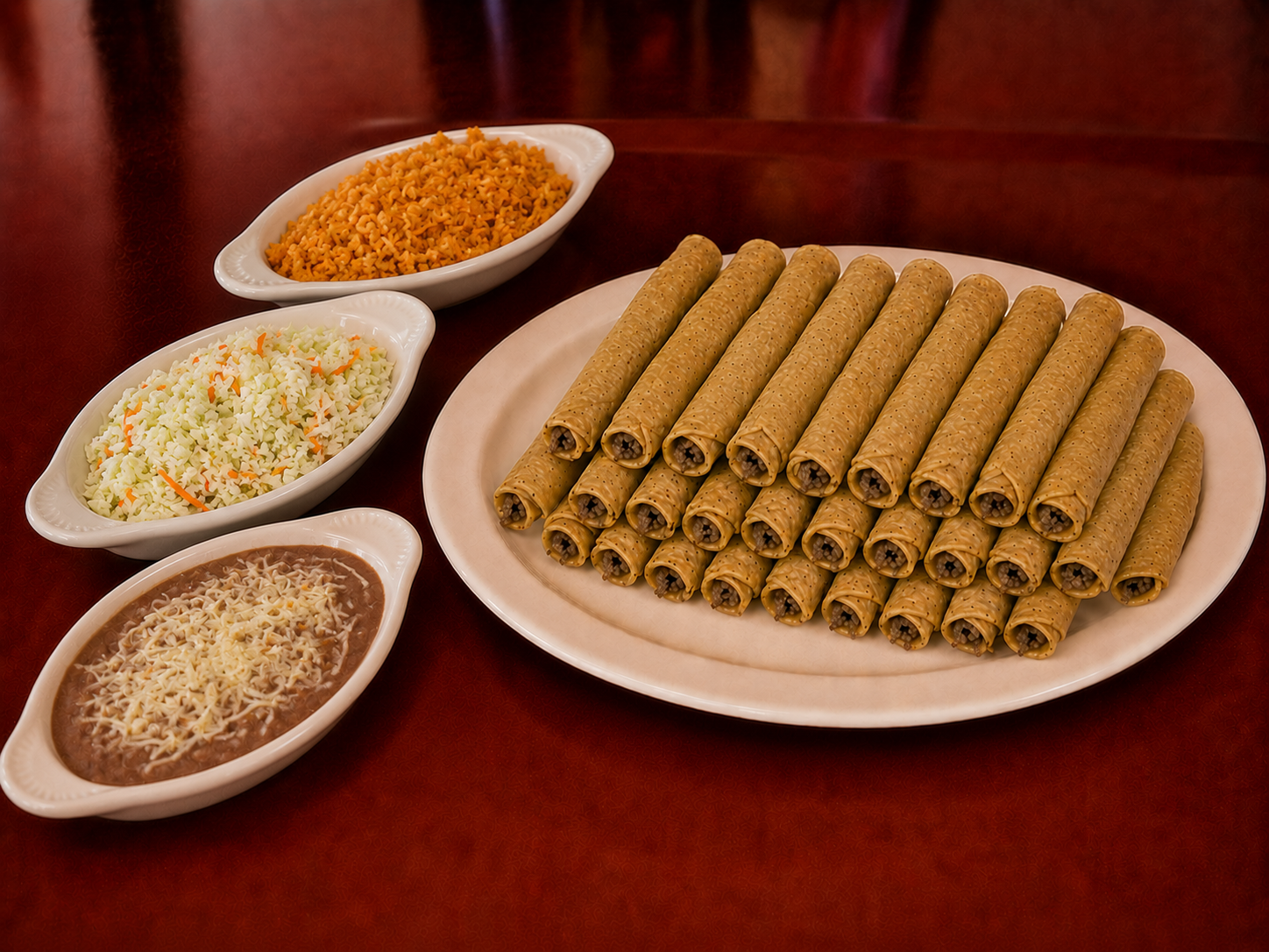 35 hand-rolled flautas with rice